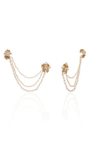 Golden Stud And Cuff With Connector Statement Earrings With Kundan Setting
