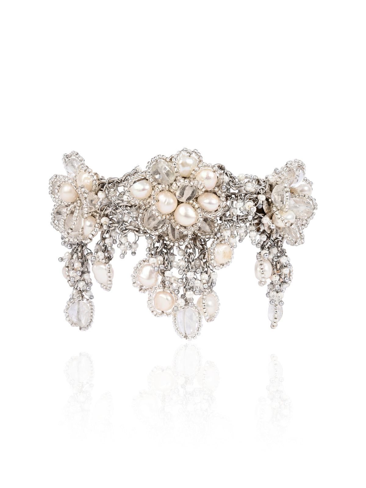 Handcrafted White & Silver Statement Bracelet with Intricate Hanging Charms, Pearl Beaded Detailing & Elegant Traditional Finish