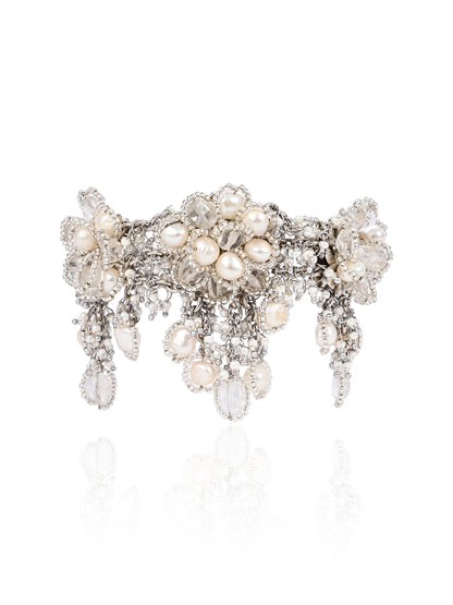 Handcrafted White & Silver Statement Bracelet with Intricate Hanging Charms, Pearl Beaded Detailing & Elegant Traditional Finish