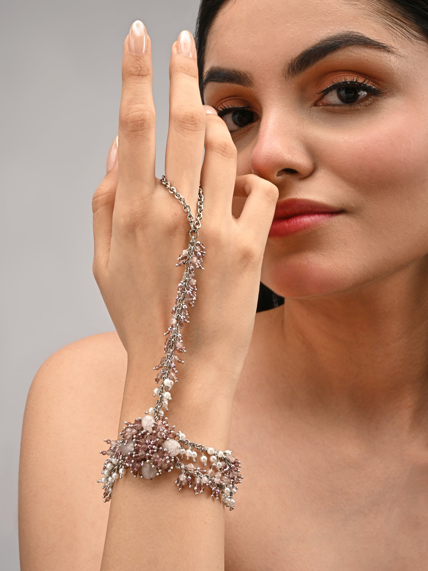 Handcrafted Pink Crystal & Pearl Haath Phool Bracelet Statement Hand Harness for Women