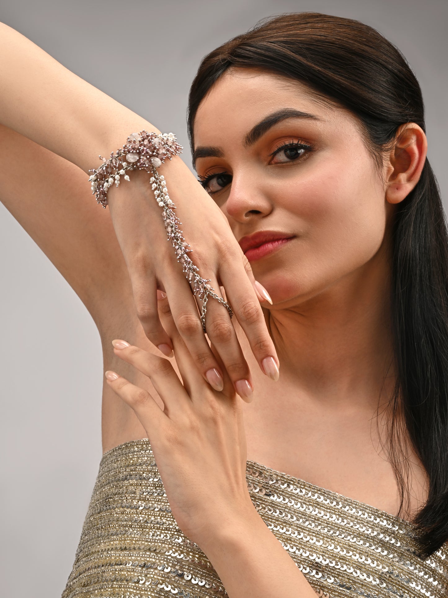 Handcrafted Pink Crystal & Pearl Haath Phool Bracelet Statement Hand Harness for Women