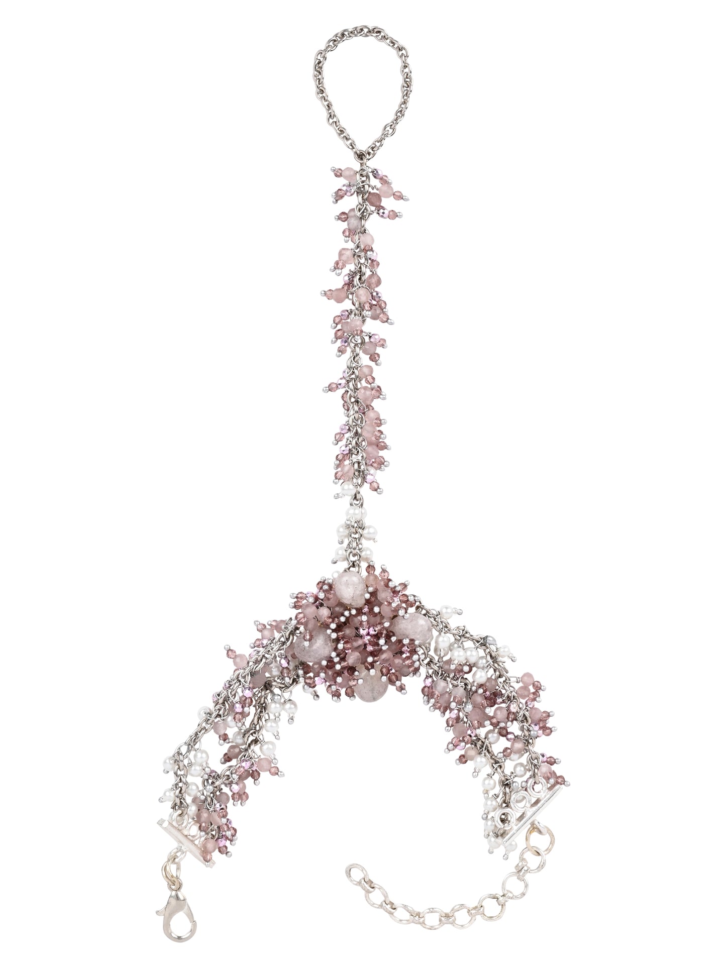 Handcrafted Pink Crystal & Pearl Haath Phool Bracelet Statement Hand Harness for Women