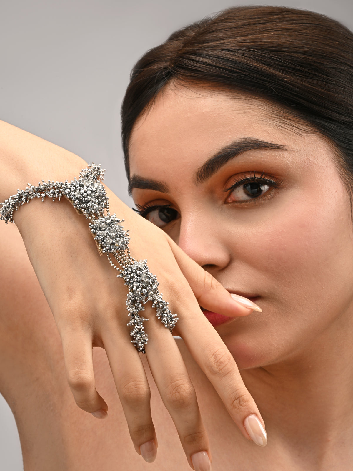 Silver Statement Hand Harness Bracelet with Ring | Statement Hathphool Hand Chain | Bridal & Festive Silver Jewellery