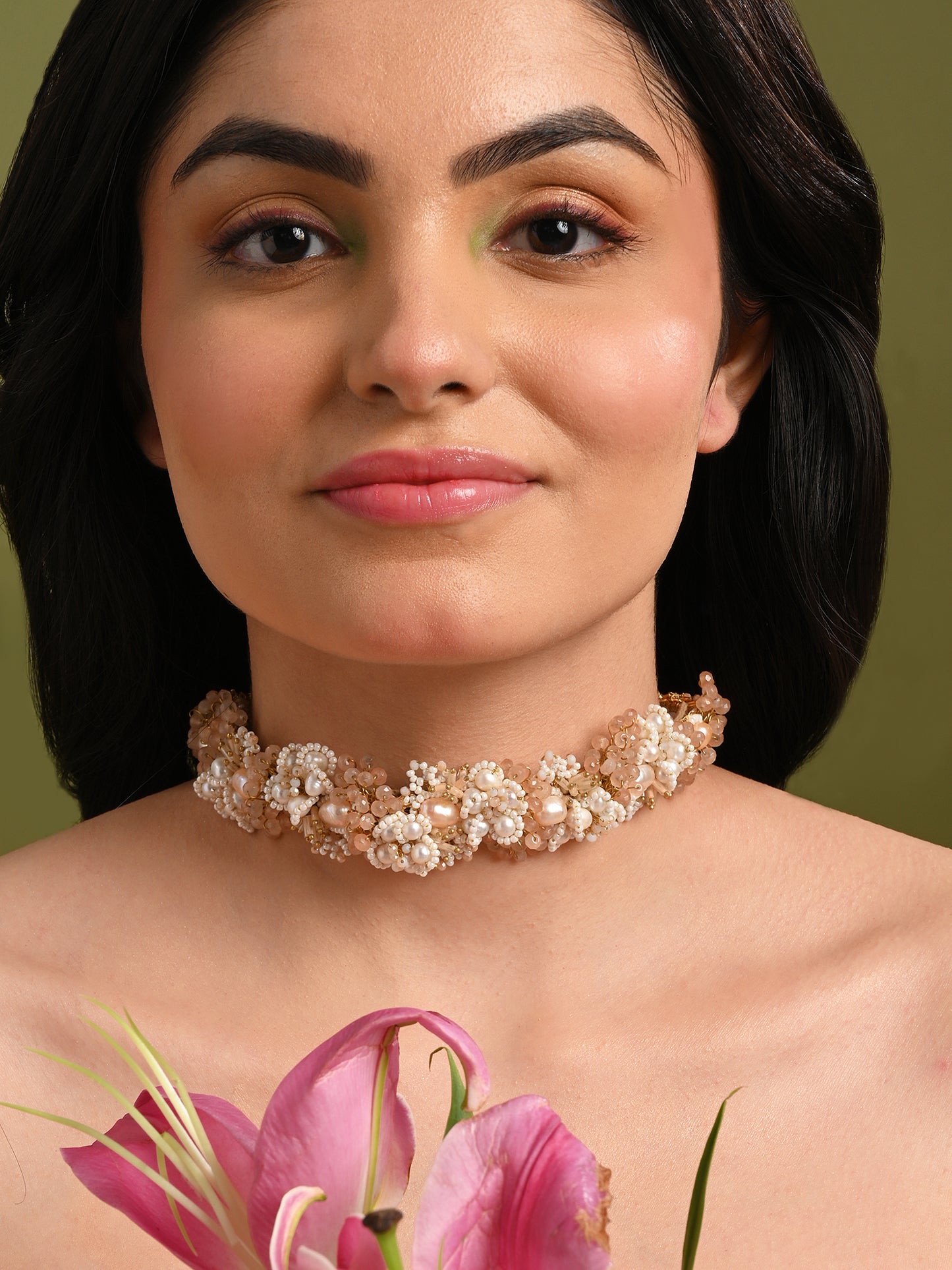 Gold Plated White Pearl Peach Stone Modern Choker