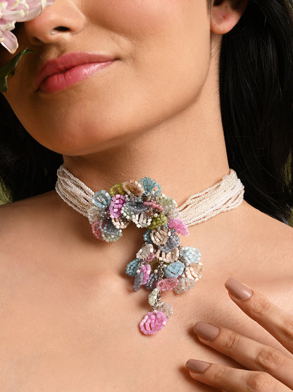 Pearl Necklace Withcolourful Crystal Flower Bunch Pendant