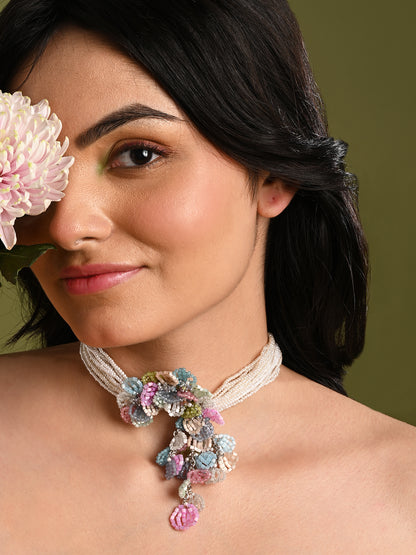 Pearl Necklace Withcolourful Crystal Flower Bunch Pendant