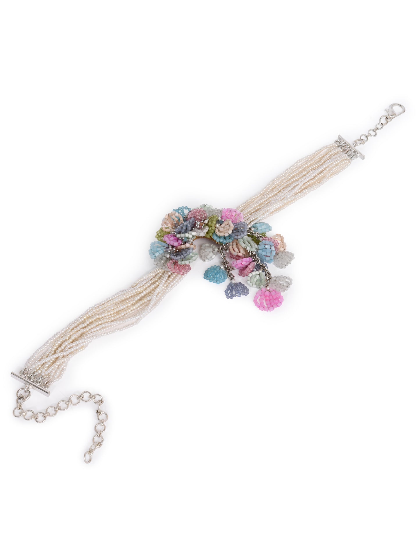 Pearl Necklace Withcolourful Crystal Flower Bunch Pendant