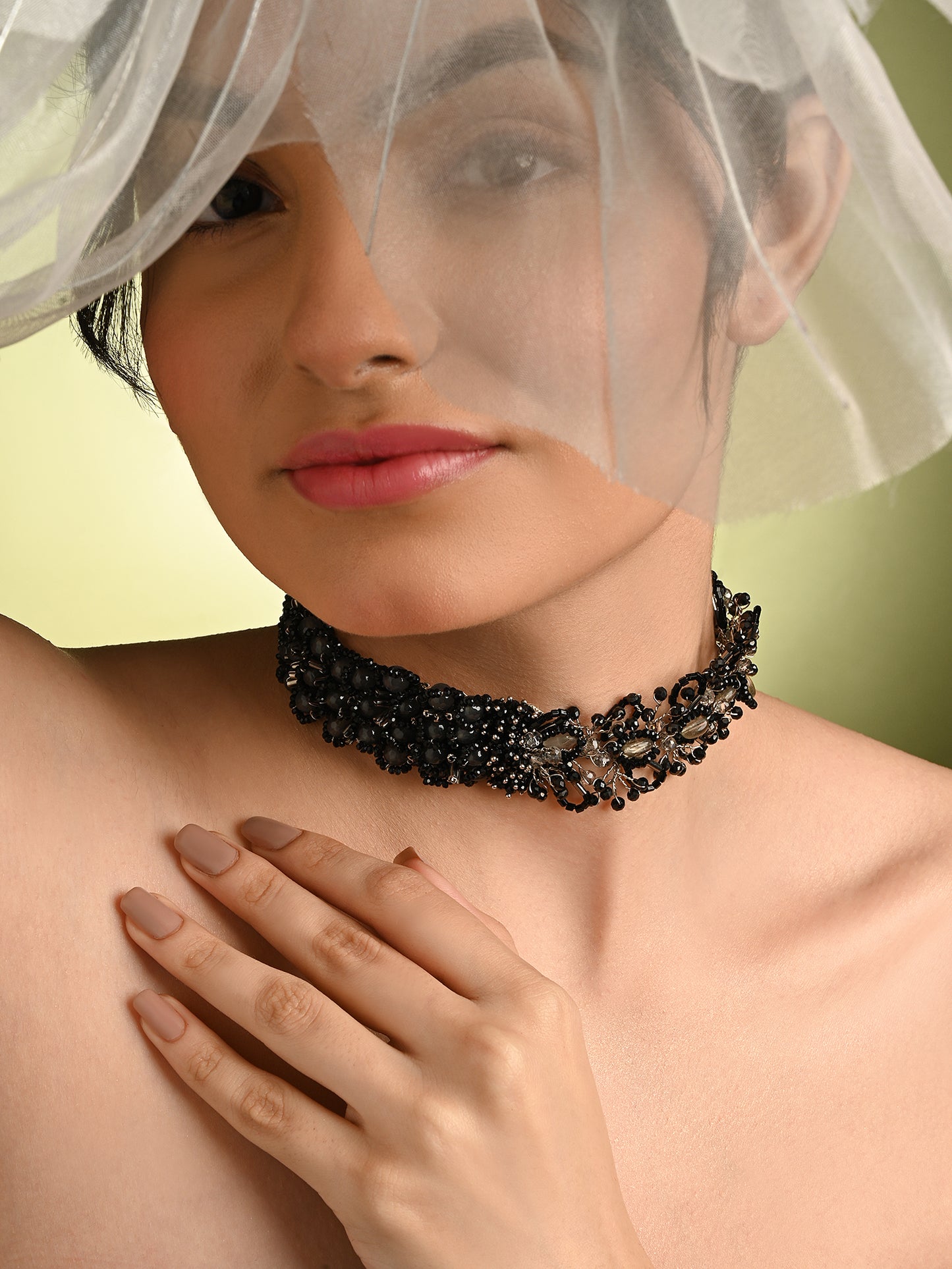 Jet Black Stone Crytal Silver Plated Cocktail Choker Necklace