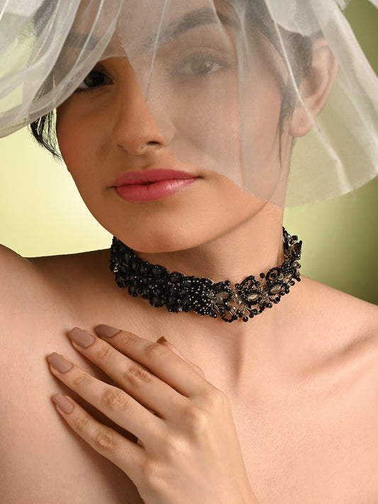 Jet Black Stone Crytal Silver Plated Cocktail Choker Necklace