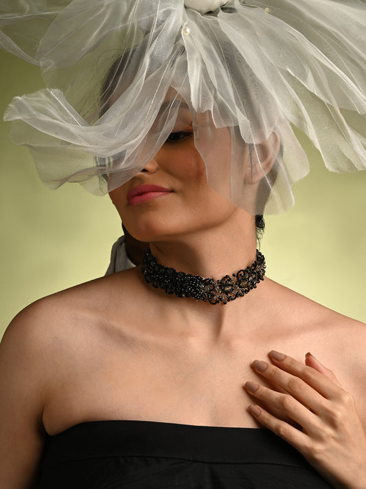 Jet Black Stone Crytal Silver Plated Cocktail Choker Necklace