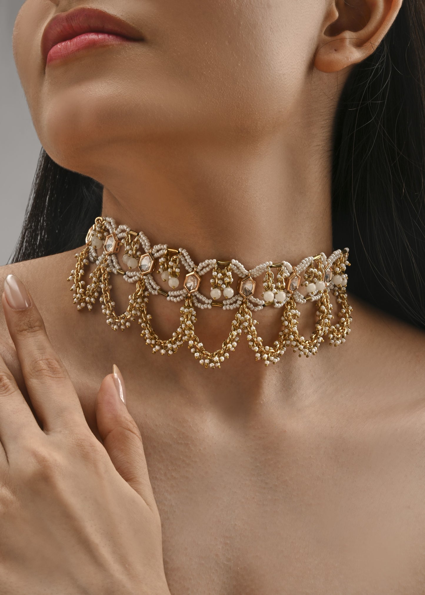 white and gold versatile handcrfated statment choker for haldi mehendi carnival and all fun wedding events