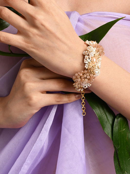 Long White Pearl With Peach Stone Gold Plated Floral Bracelet