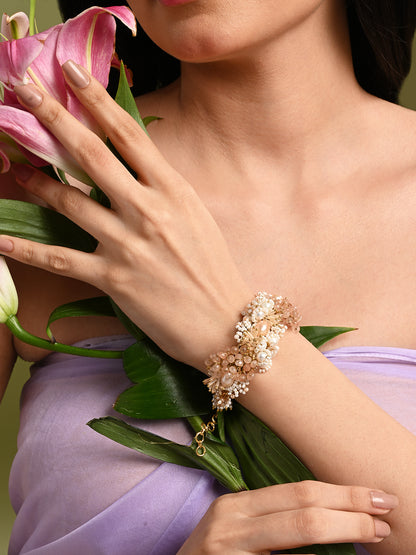 Long White Pearl With Peach Stone Gold Plated Floral Bracelet