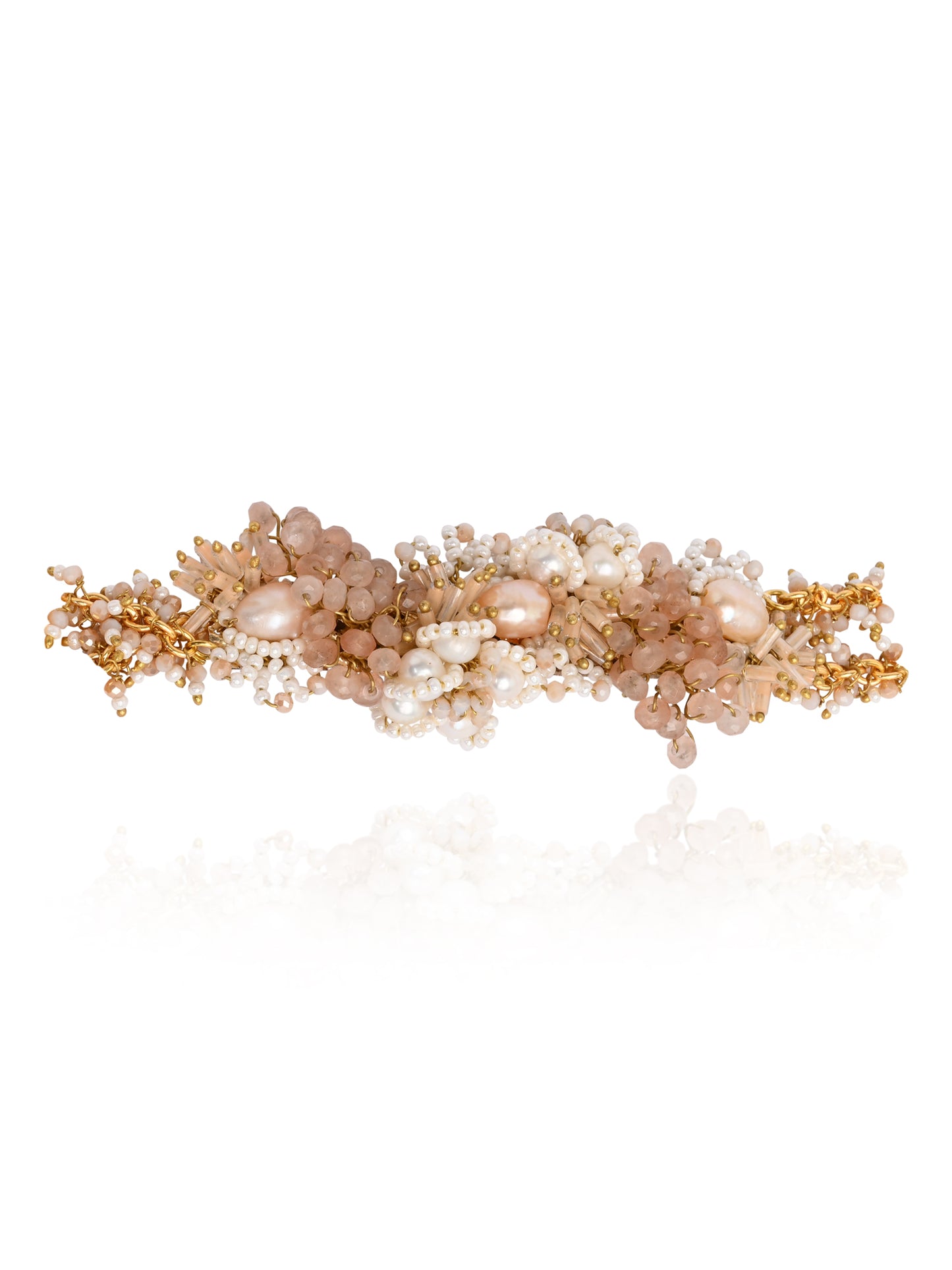 Long White Pearl With Peach Stone Gold Plated Floral Bracelet