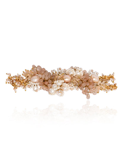 Long White Pearl With Peach Stone Gold Plated Floral Bracelet