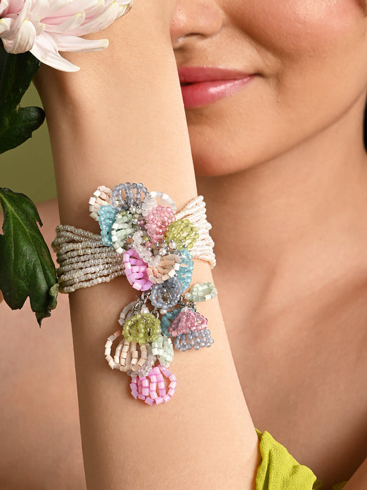 Floral Patel Colourful Pendant Adustable Bracelet With White Pearls