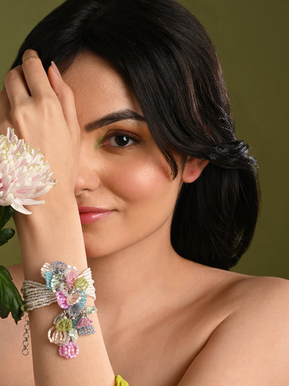 Floral Patel Colourful Pendant Adustable Bracelet With White Pearls