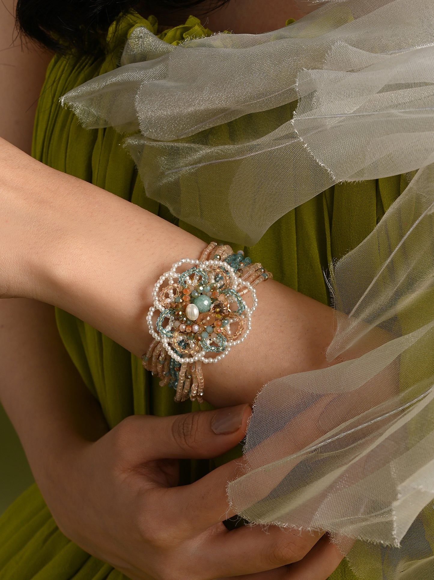 Round Floral Pearl Colourful Crystal And Stone Bracelet