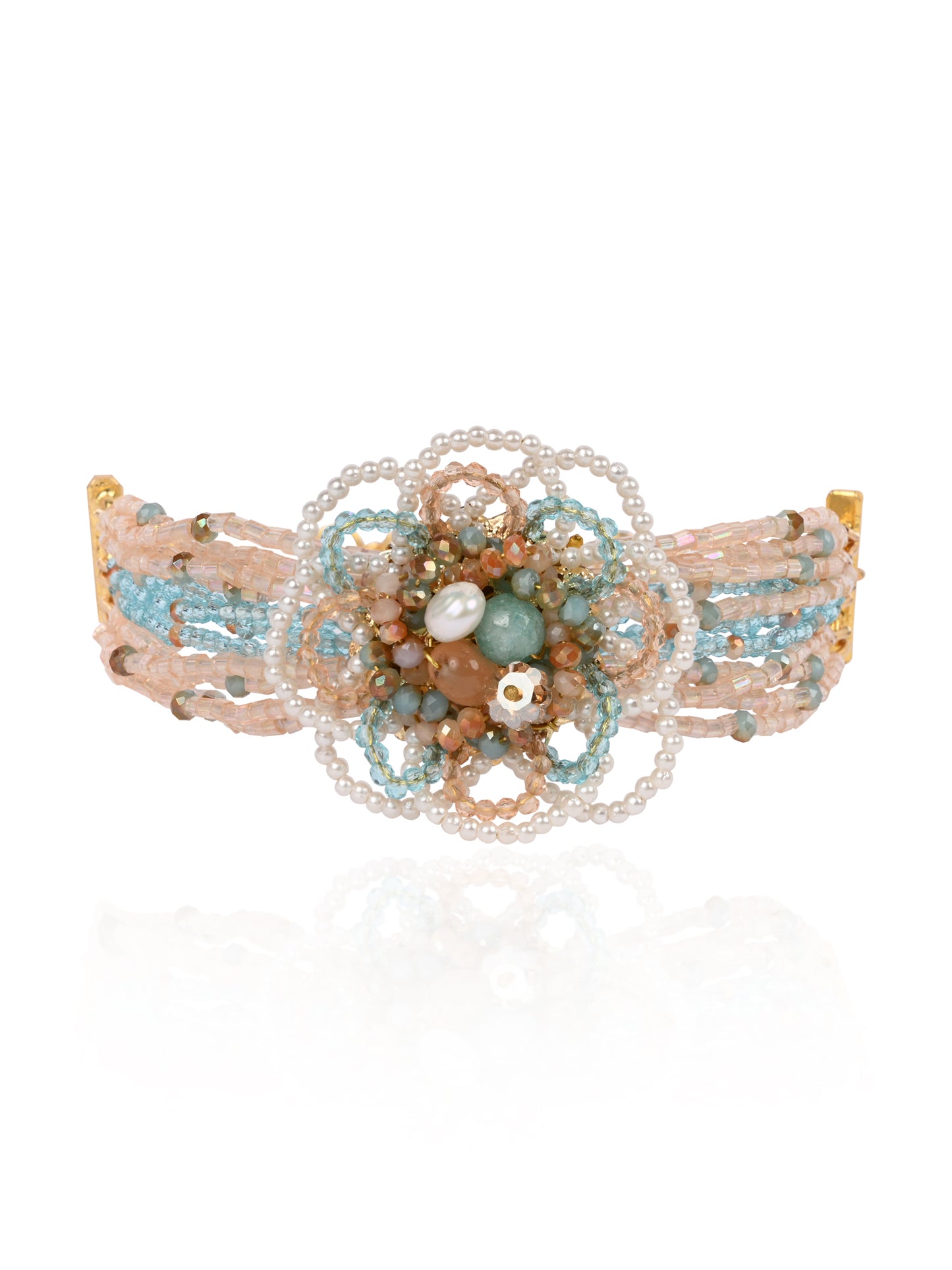 Round Floral Pearl Colourful Crystal And Stone Bracelet