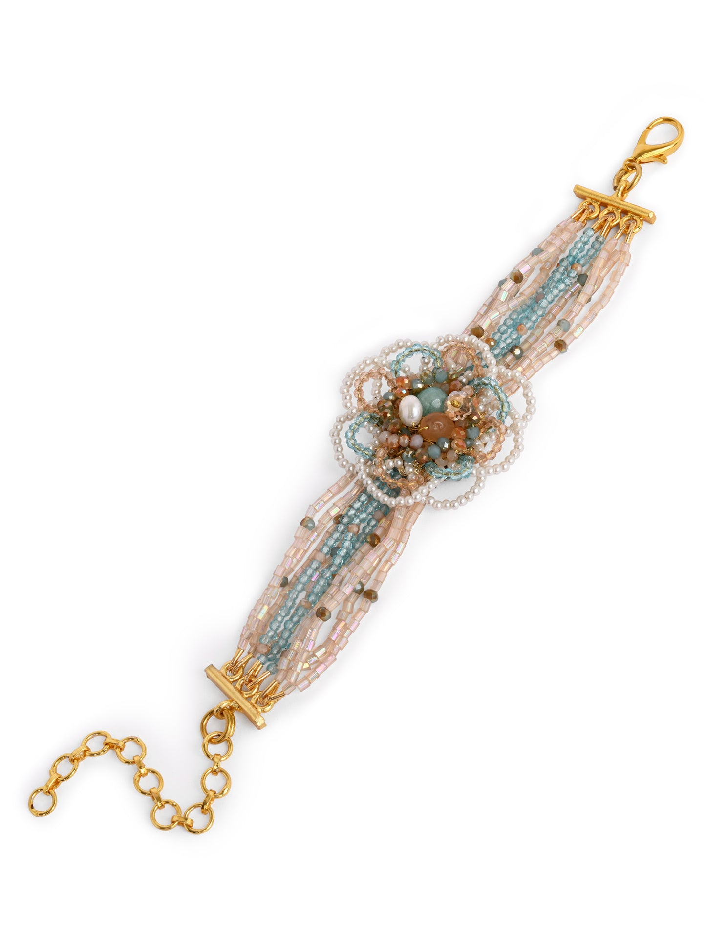 Round Floral Pearl Colourful Crystal And Stone Bracelet
