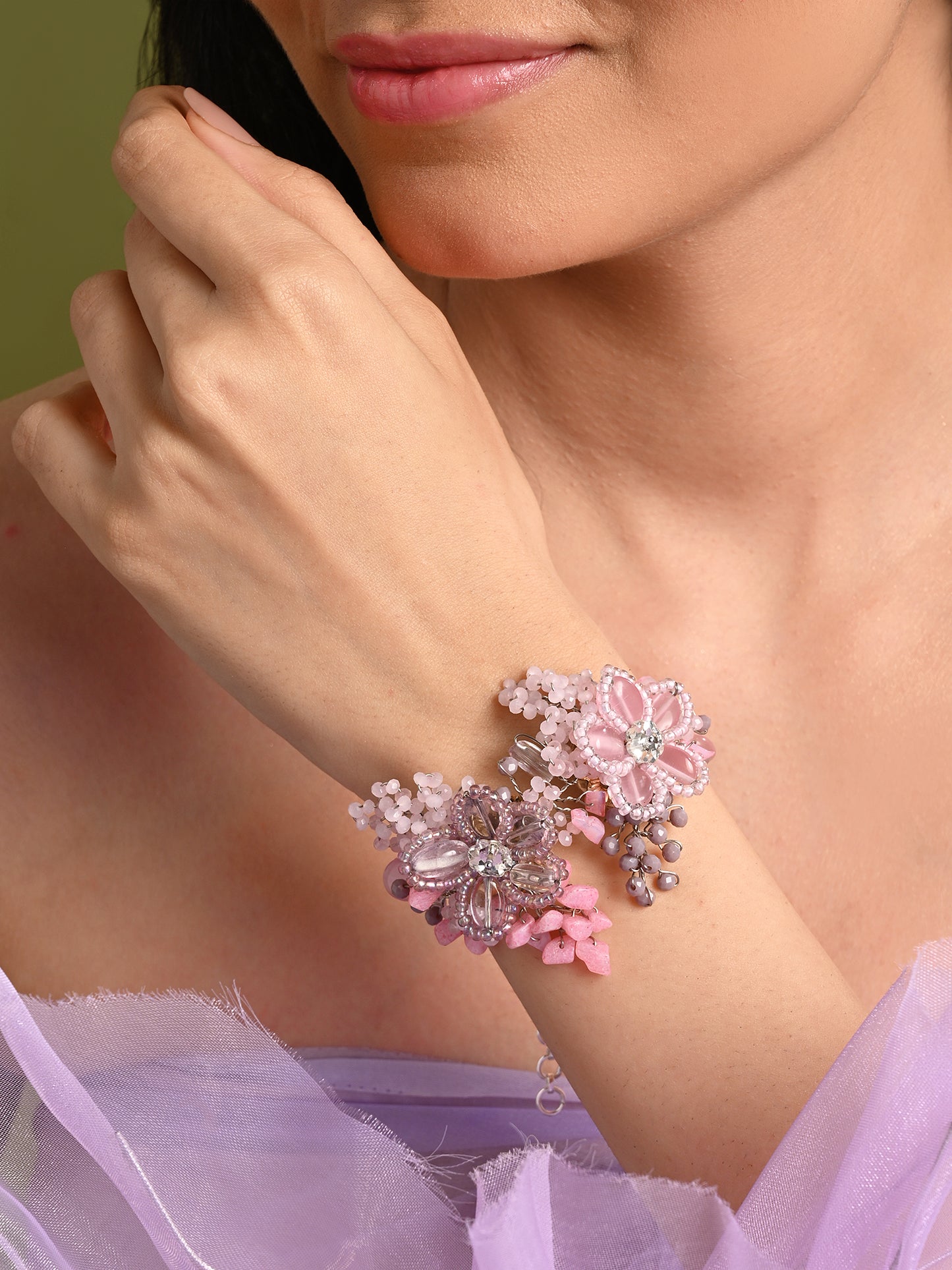 Lilac And Pink Flower  Adjustable Bracelet
