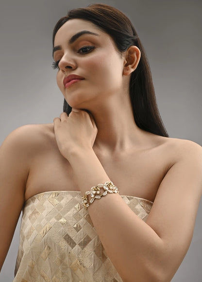 White Pearl Kundan Golden Beaded Chain Bracelet