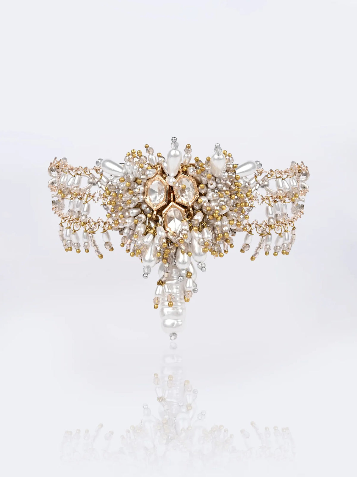 White Beaded Bracelet with Kundan Detailing, Rose Gold Chain, Mixed Golden Accents & Elegant Statement Finish