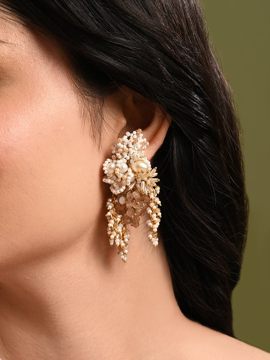 Long White Pearl With Peach Stone Gold Plated Earrings