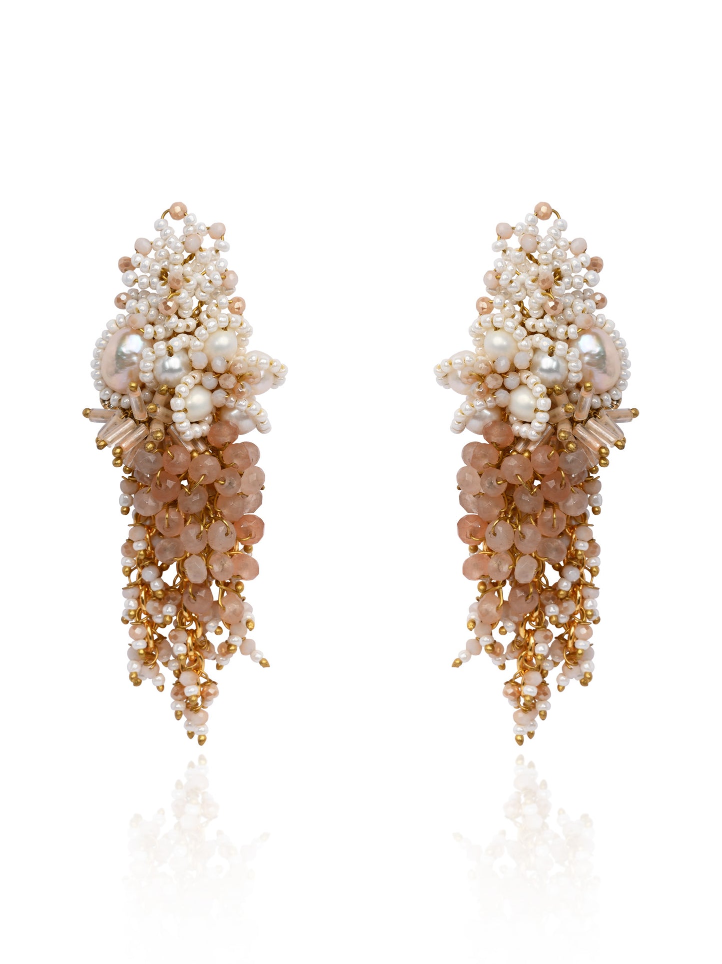 Long White Pearl With Peach Stone Gold Plated Earrings