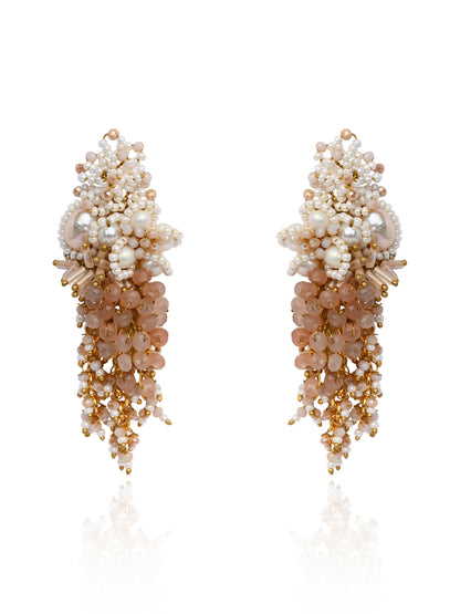 Long White Pearl With Peach Stone Gold Plated Earrings