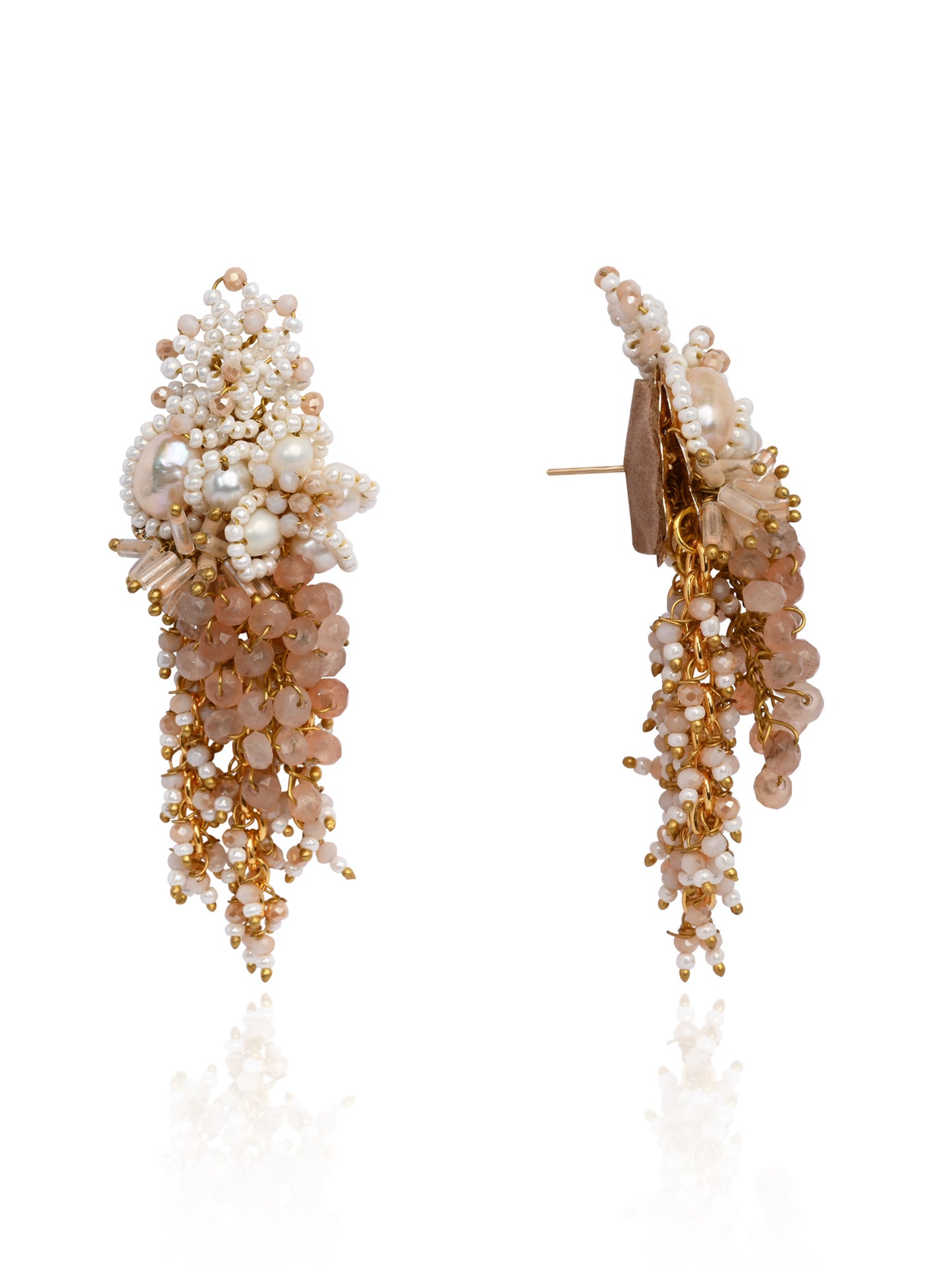 Long White Pearl With Peach Stone Gold Plated Earrings