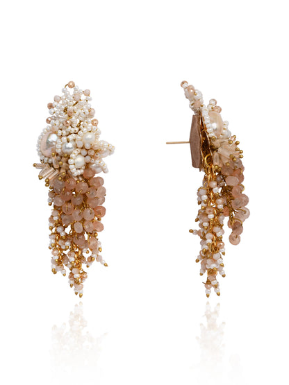 Long White Pearl With Peach Stone Gold Plated Earrings