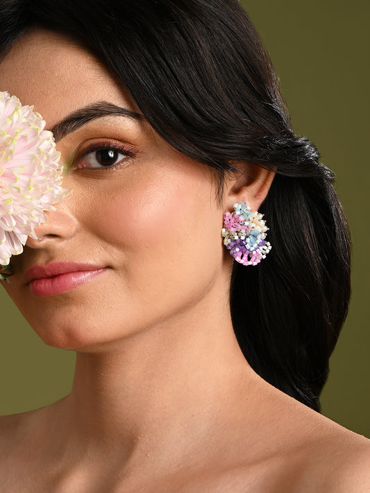 Pearl And Colourful Flower Round Stud Earrings