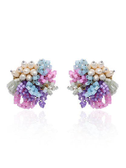 Pearl And Colourful Flower Round Stud Earrings
