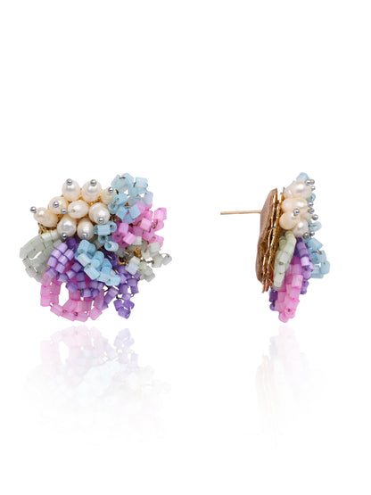 Pearl And Colourful Flower Round Stud Earrings