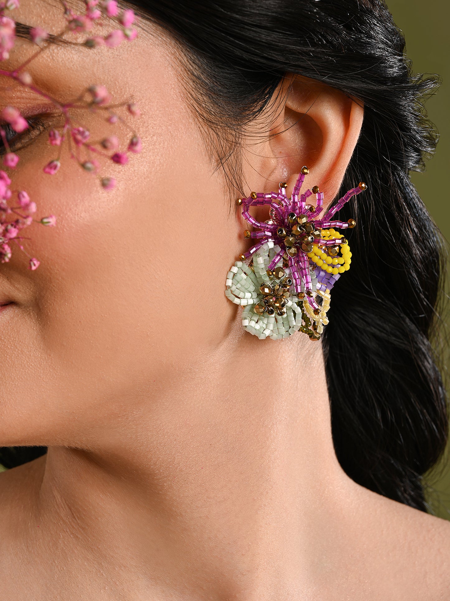 Colourful Crystal Beaded Flower Abstart Big Studs