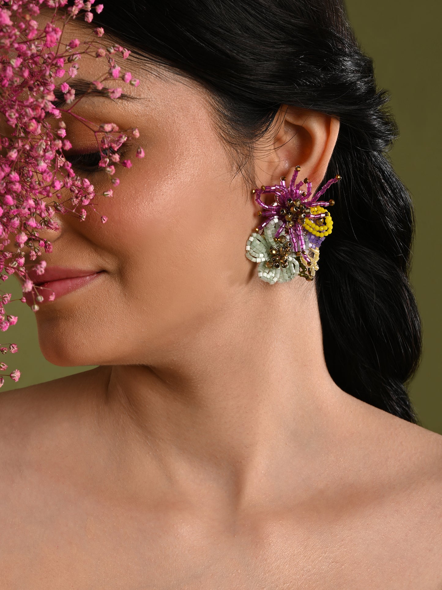 Colourful Crystal Beaded Flower Abstart Big Studs