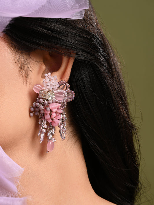 Pink And Lilac Stone Medium Size Chain Tassel Earrings