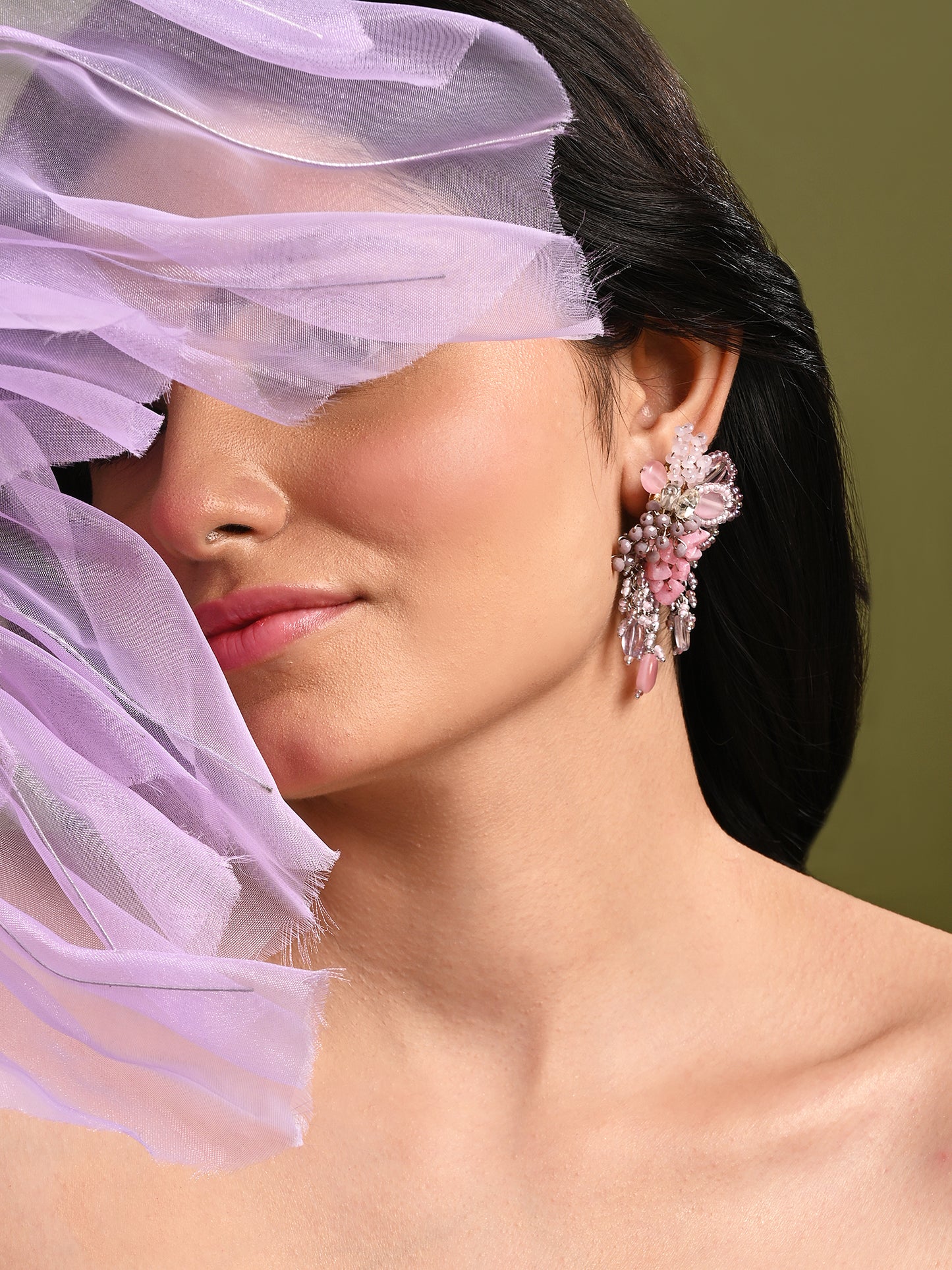 Pink And Lilac Stone Medium Size Chain Tassel Earrings