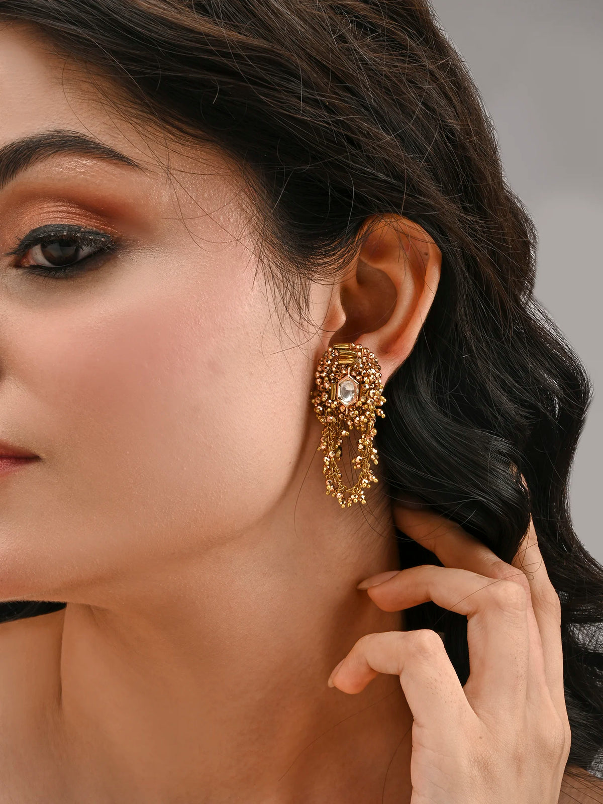 Dark Gold Tone Kundan Stud Earrings with Intricate Kundan Center Detailing & Traditional Statement Design