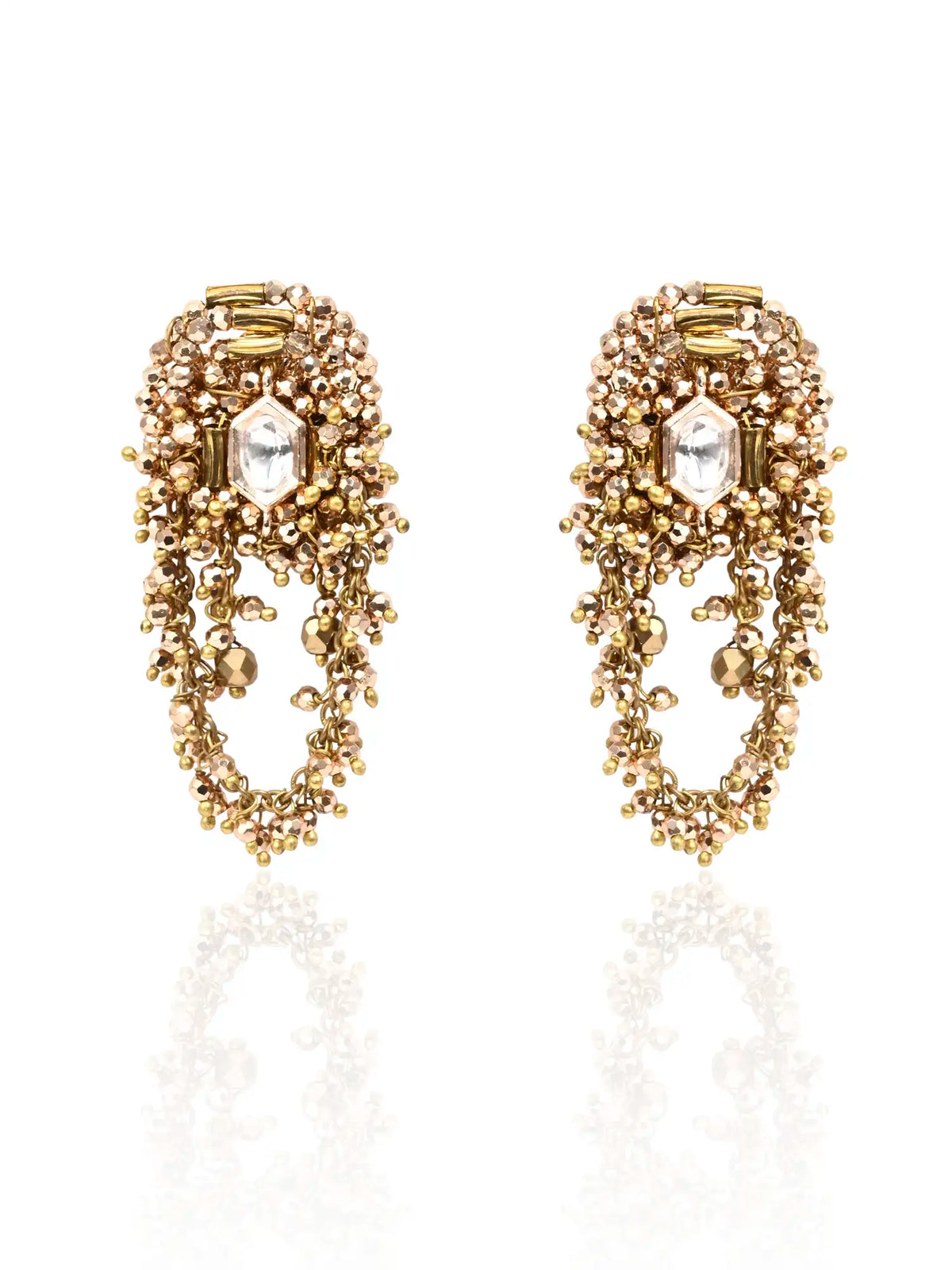 Dark Gold Tone Kundan Stud Earrings with Intricate Kundan Center Detailing & Traditional Statement Design