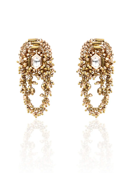 Dark Gold Tone Kundan Stud Earrings with Intricate Kundan Center Detailing & Traditional Statement Design