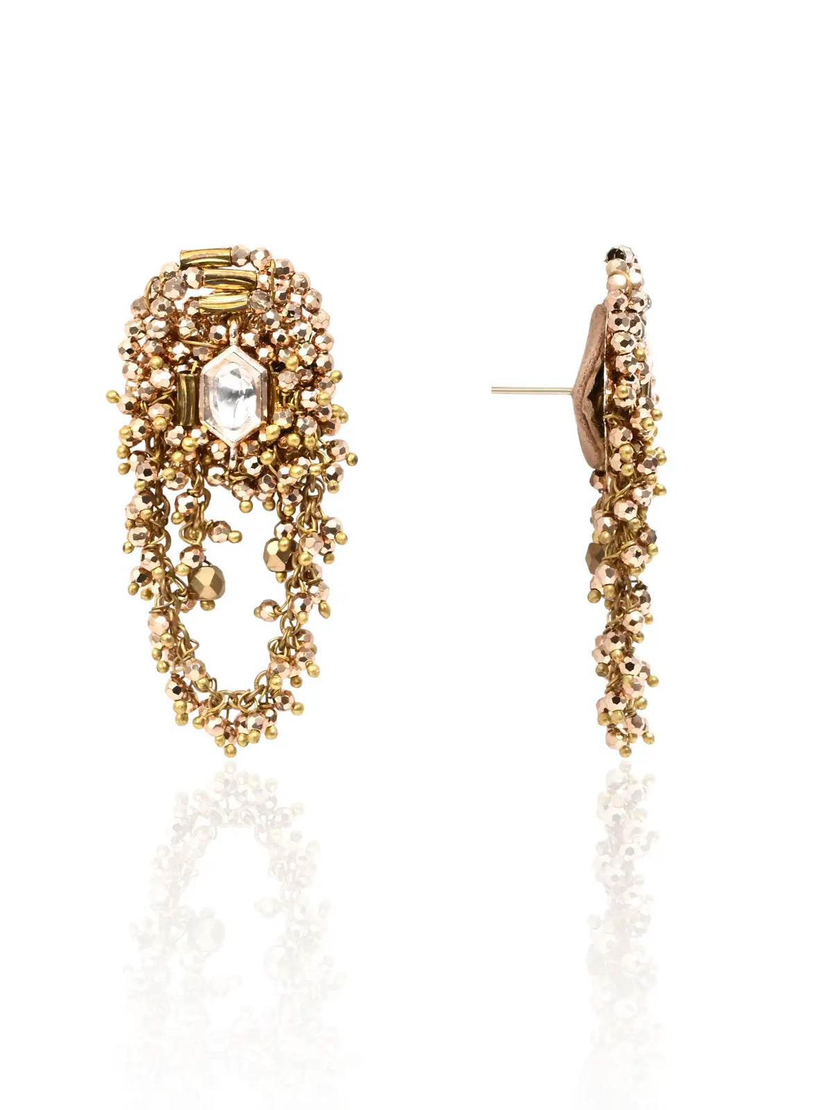 Dark Gold Tone Kundan Stud Earrings with Intricate Kundan Center Detailing & Traditional Statement Design