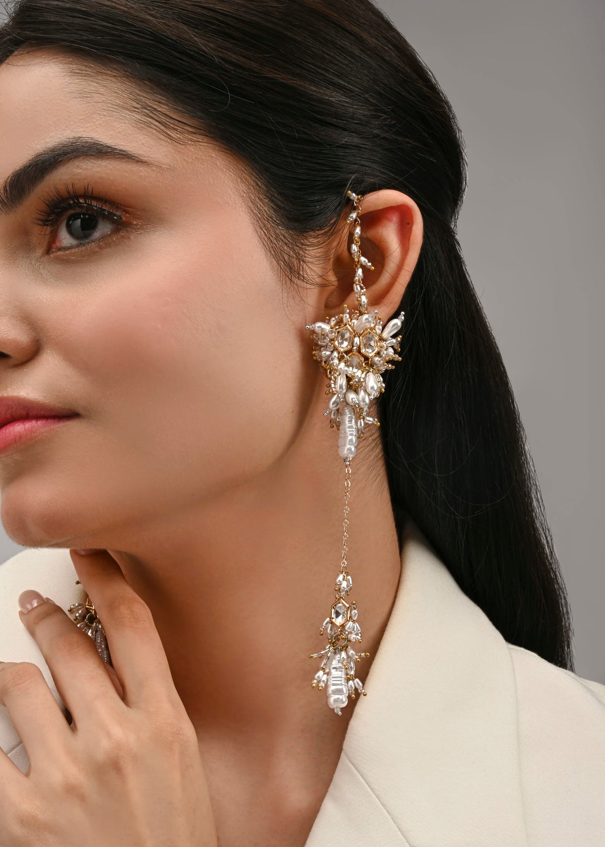 White Kundan Pearl Earrings with Beaded Detailing, Back-On-Your-Ear Chain & Elegant Hanging Charm