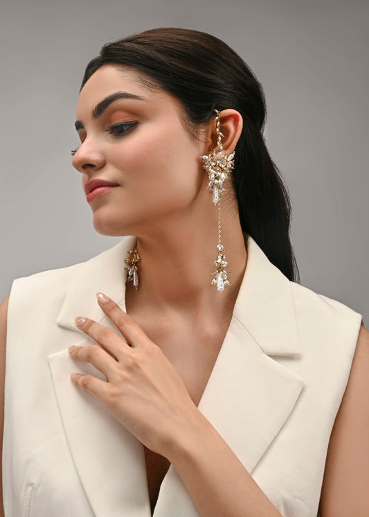 White Kundan Pearl Earrings with Beaded Detailing, Back-On-Your-Ear Chain & Elegant Hanging Charm