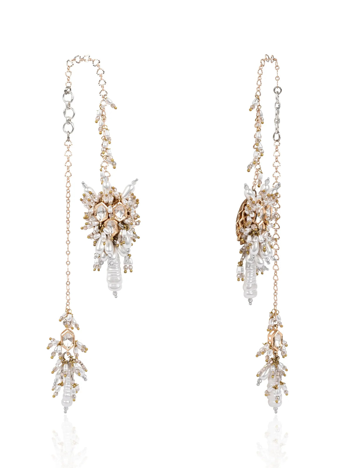 White Kundan Pearl Earrings with Beaded Detailing, Back-On-Your-Ear Chain & Elegant Hanging Charm