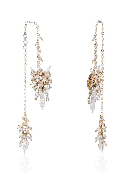 White Kundan Pearl Earrings with Beaded Detailing, Back-On-Your-Ear Chain & Elegant Hanging Charm