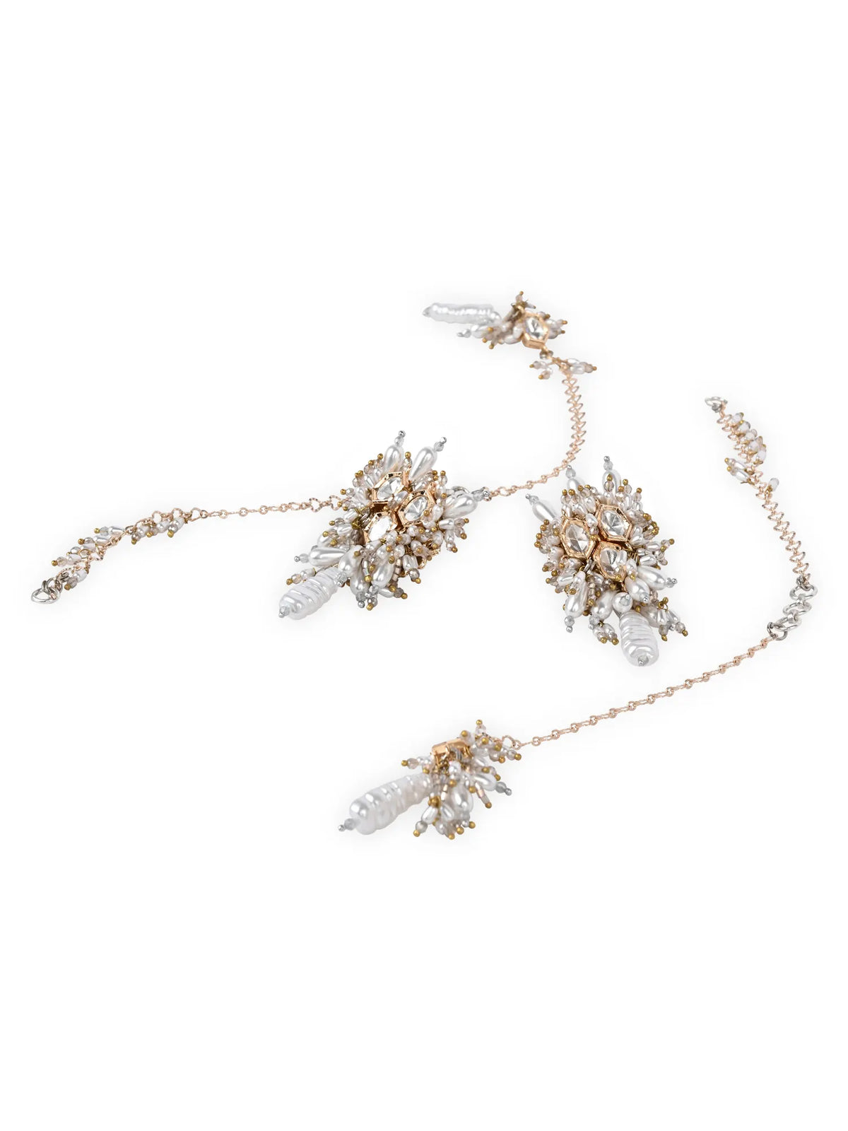 White Kundan Pearl Earrings with Beaded Detailing, Back-On-Your-Ear Chain & Elegant Hanging Charm