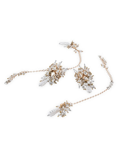 White Kundan Pearl Earrings with Beaded Detailing, Back-On-Your-Ear Chain & Elegant Hanging Charm