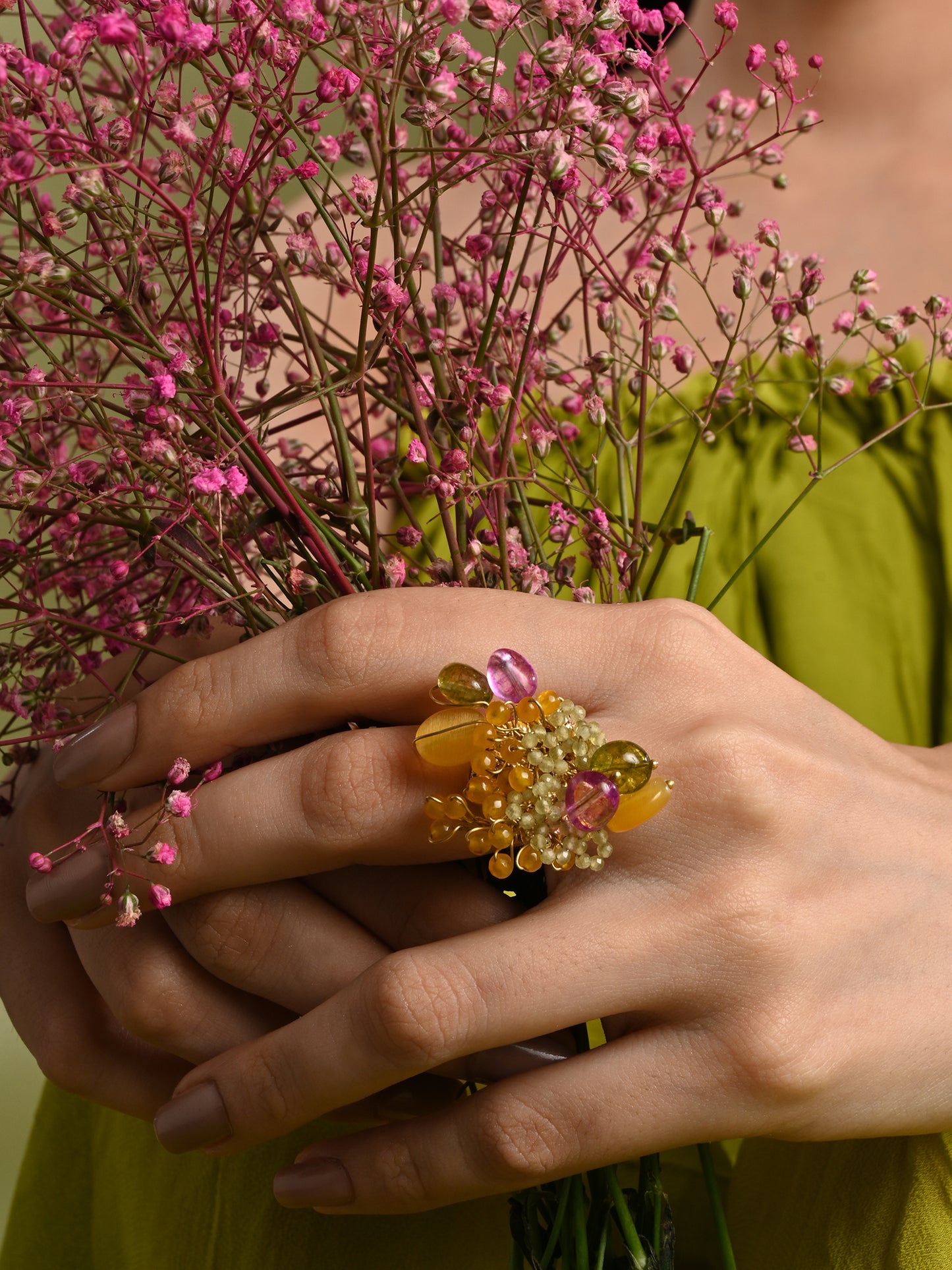 Colourful Stone Haldi Mehendi Adjustable Ring
